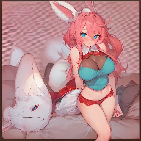 Sexy bunny, red furry, blue eyes, pink top, red underwear