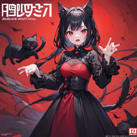 Masterpiece, 8k, ultra detailed, top quality, best quality, high-res, magazine cover photo, dark red eyes, open mouth, fangs out, kawaii cat hand pose, black hair,sharp eyes, sharp face, black gown, standing, magazine poster, highly detailed eyes