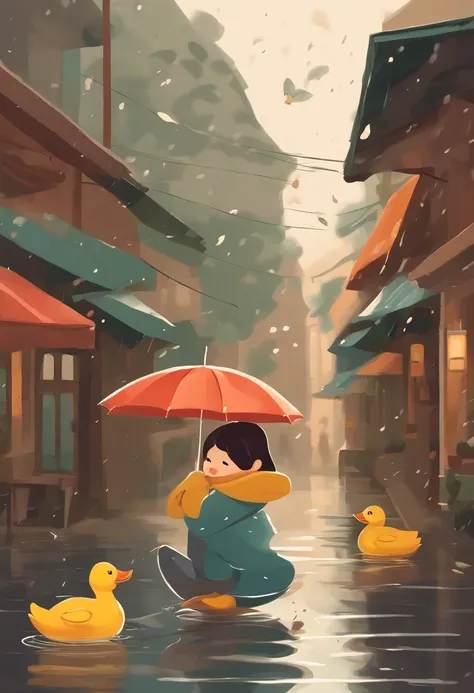 there are a lot of ducks and ducks in the rain, rain!!!!, when kindness falls like rain, raining!!, by Choi Buk, raining!!!, funny illustration, illustration!, kindness, raining!, cute illustration, it is raining, in the rain, by Ren Renfa, by Kim Deuk-sin...