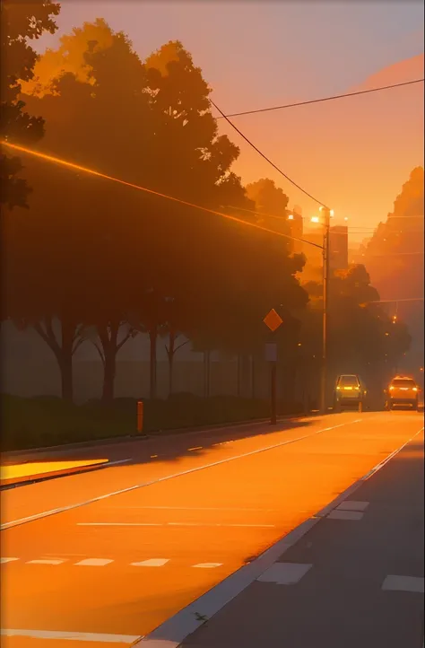 Animated,high-level image quality,(((a park))),(((A road illuminated in orange))),With the sunset behind you,Bright sunset,(((Sunset brightly illuminating the ground))),(((up))),no shadows