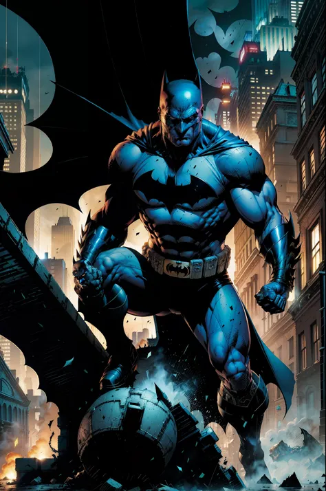 Batman em Gotham city , Scenario with destruction , caus , sangue , cavaleiro das trevas , Standard scenario , olhar focado , melhor qualidade , best resolution , obra prima , estilo Jim Lee , Dc comics