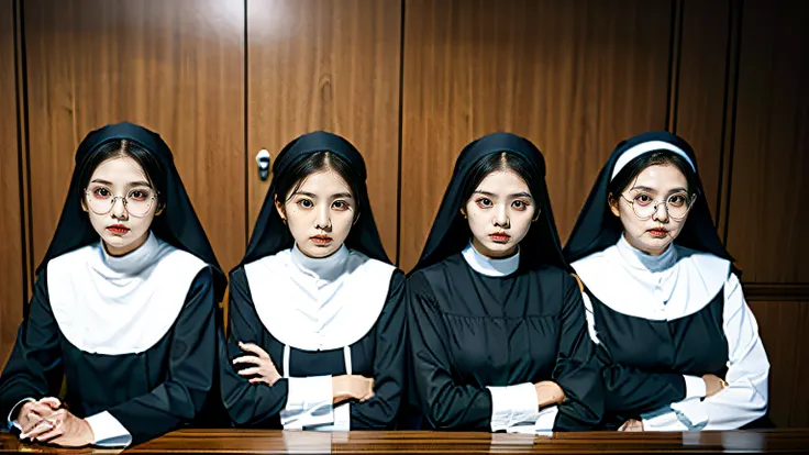 nun judge panel, 4 nuns, old women, court background, sitting