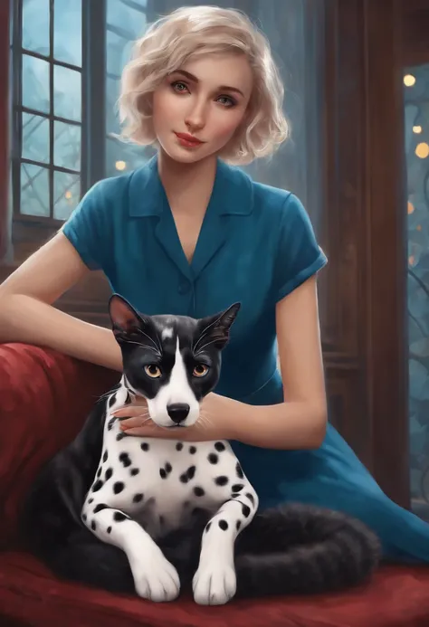 High detail, Clarity, A girl with short hair，With a small English short blue cat，and a large Dalmatian