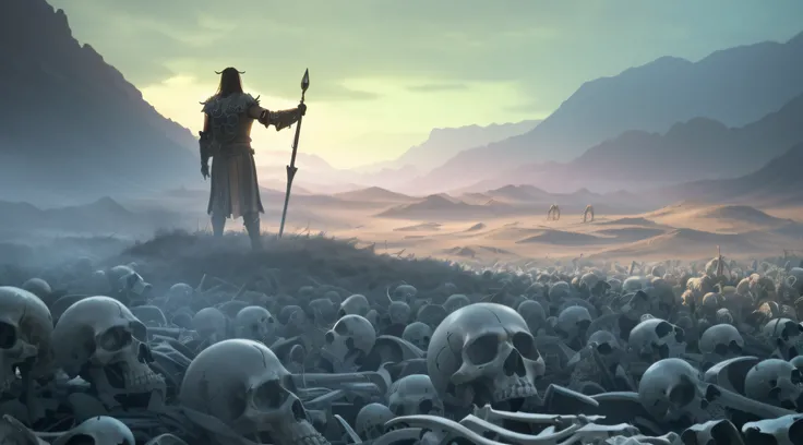 arafed image of a man standing in a field of skeletons, biblical epic movie, dug stanat macabre art, epic biblical depiction, apocalyptic art, apocalyptic fantasy, apocalyptic 8k, apocalyptic 8 k, ( apocalyptic ) 8 k, jesus christ is the doom slayer, life ...