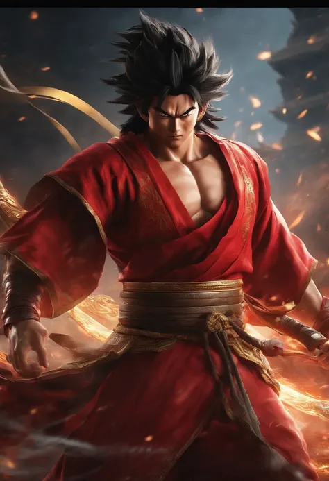 Goku as Chinese warrior in red robes, Dynasty warrior style, Elaborate and gorgeous CGI anime style, Luffy, 8K highly detailed digital effect fantasy, cgsociety 9, epic digital art illustration, and Mumford and Alex Gray style, Bio-luminescence