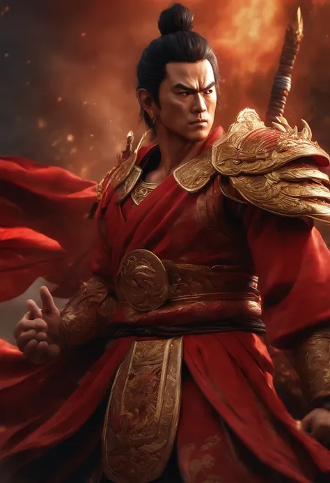 Goku as Chinese warrior in red robes, Dynasty warrior style, Elaborate and gorgeous CGI anime style, Luffy, 8K highly detailed digital effect fantasy, cgsociety 9, epic digital art illustration, and Mumford and Alex Gray style, Bio-luminescence