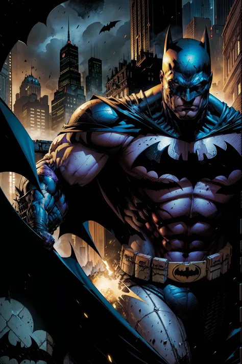 Batman em Gotham city , Scenario with destruction , caus , sangue no chao e paredes , cenario delegacia de Gotham , cavaleiro das trevas , olhar focado , melhor qualidade , best resolution , obra prima , estilo Jim Lee , Dc comics