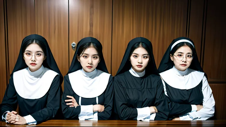 nun judge panel, 4 nuns, old women, court background, sitting