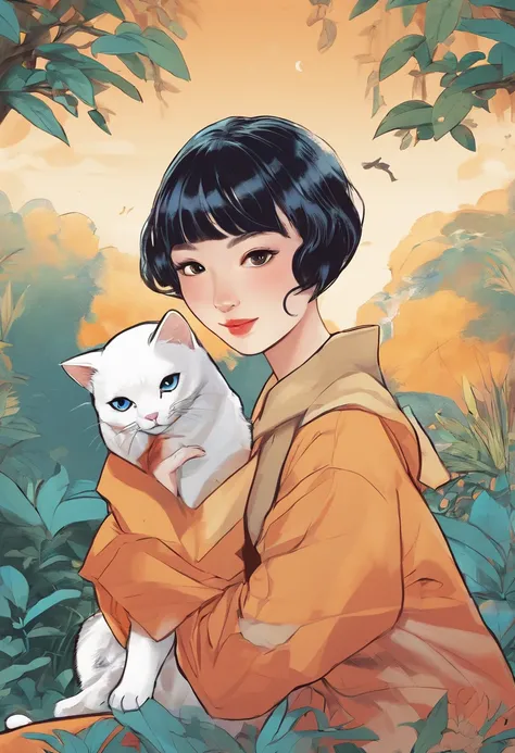 High detail, Clarity, An Asian girl with short hair，With two animals，With a small English short blue cat，and a large Dalmatian