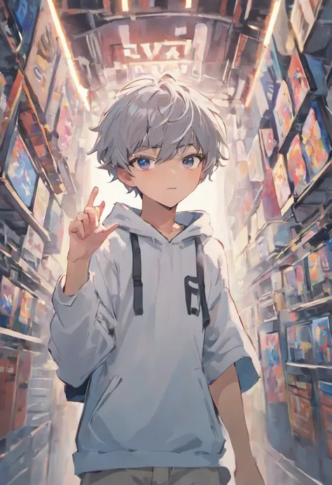 Gray-haired Japanese anime youth,Wearing VR glasses,, White hoodie, White shorts, No tattoos, No beard, 16 yaers old, Wear white VR glasses