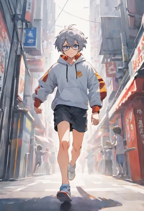 Gray-haired Japanese anime youth running in Tokyo streets,Wearing VR glasses,, White hoodie, White shorts, No tattoos, No beard, 16 yaers old, Wear white VR glasses