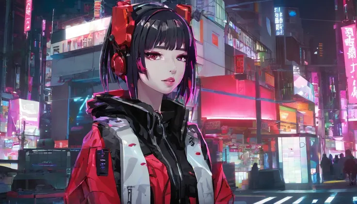 japanaese girl,pale skin,beatiful face,rose hair,Red Jacket,Tokyo at night, with Cyberpunk style,Japanese streetwear,Tokyo Fashion,Wearing a Cyberpunk 2 jacket 0 7 7