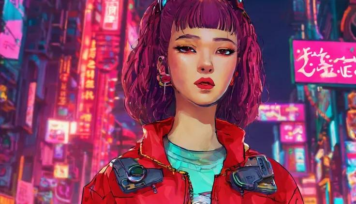 japanaese girl,pale skin,beatiful face,rose hair,Red Jacket,Tokyo at night, with Cyberpunk style,Japanese streetwear,Tokyo Fashion,Wearing a Cyberpunk 2 jacket 0 7 7