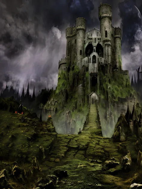 arafed castle, grimdark fantasy fortress, dark fantasy setting, scarry castle). mystical, dark castle background, dark castle setting, scarry castle)). mystical, medieval dark fantasy, gloomy medieval background, dark ruins landscape, dark fantasy backgrou...