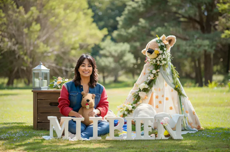 Hay una mujer sentada en la hierba con un oso de peluche, Retrato a mitad de plano, promo, Promotional photography, maternal photography 4 k, Foto Profesional, imagen vertical, photo session, photo session, Retrato medio, Imagen tomada con Canon EOS 5 D Ma...