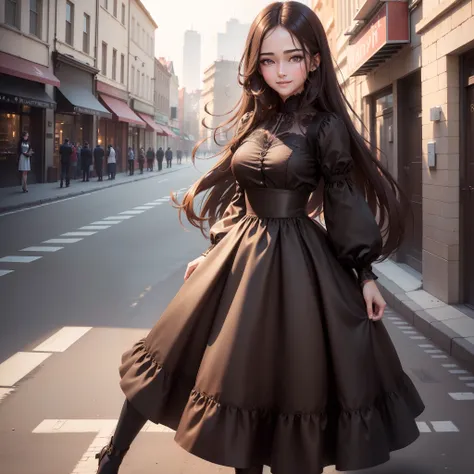 ((Best quality, 8k, Masterpiece :1.3)), 1girl, smiling, full body, slim face, Pretty woman, (Dark brown hair), full length dress :1.1, Ultra-detailed face, Detailed eyes, Double eyelid, blur background, slim face, city, outside, street,