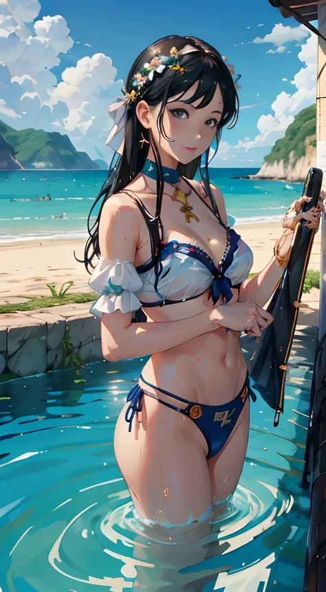 Anime girl in a bikini in a pool with her hands on ass, roupa de banho, Guweiz, bswimsuit, mulher bonita sedutora do anime, seios fartos, Artgerm extremamente detalhado, Realistic bikini, cute micro bikini, wet swimsuit, bicos do peito salientes, Art not G...