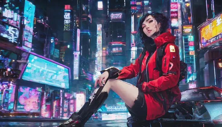 japanaese girl,pale skin,beatiful face,rose hair,Red Jacket,Tokyo at night, with Cyberpunk style,Japanese streetwear,Tokyo Fashion,Wearing a Cyberpunk 2 jacket 0 7 7