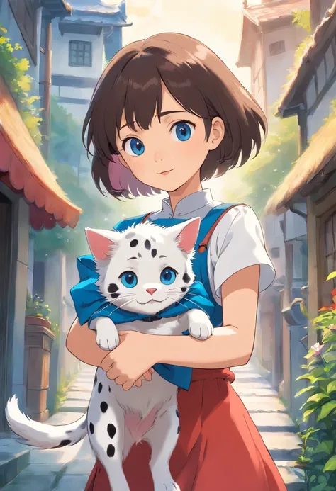 High detail, Clarity, An Asian girl with short hair rides a Dalmatian dog，Holding a very small blue cat