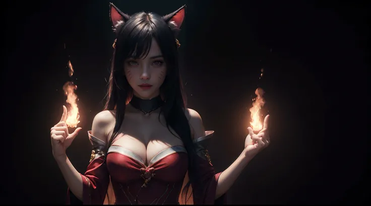 (masterpiece, best quality), intricate detailsah1, facial mark, fox tail, korean clothes, cleavage, bare shoulders, detached sleeves, 1 girl, solo, portrait, standing, lookin at viewer, cinematic, dark atmosphere, dark burning background, volumetric lighti...