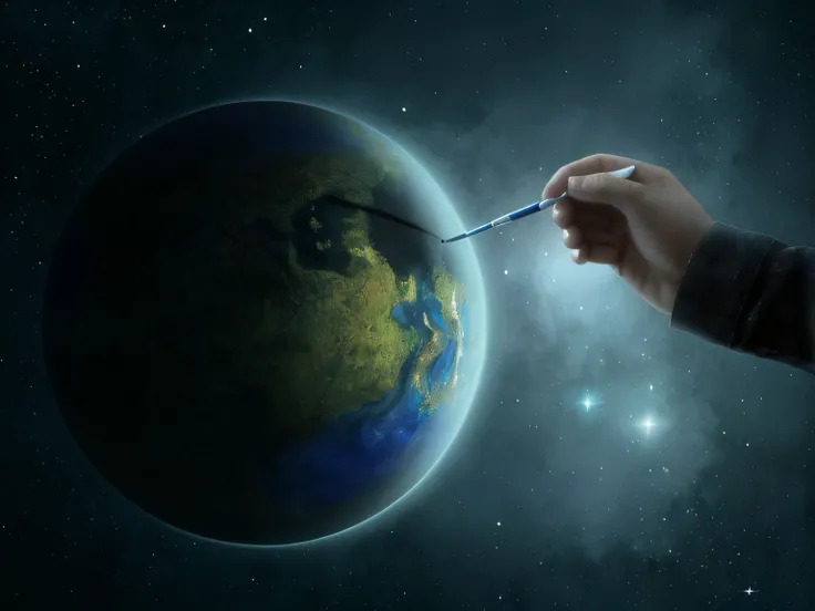 Someone is holding a brush and painting a picture of the Earth, creation of the world, Dreamy painting of the coronavirus, science fantasy painting, Devorando um planeta, Cyril Rolando e Goro Fujita, creation of the universe, segurando um planeta, inspirad...