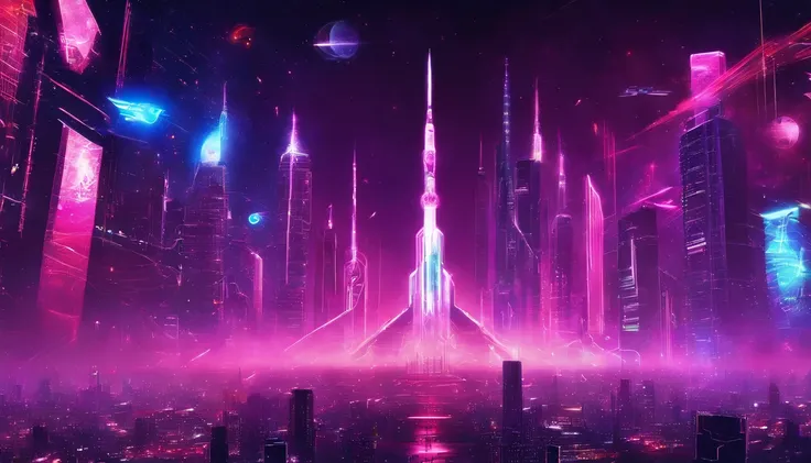 Neon-lit world of Cyberpunk Skies with Wirestocks electrifying daily Creative AI Challenge. A metropolis of towering skyscrapers, illuminated by a cacophony of neon lights against the backdrop of a cybernetic horizon. urbana futurista