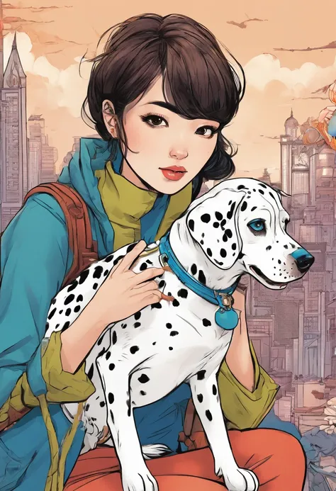 High detail, Clarity, An Asian girl with short hair rides a Dalmatian dog，Dalmatian mount，Holding a very small blue cat