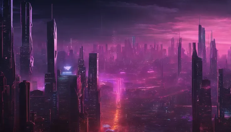 Neon-lit world of Cyberpunk Skies with Wirestocks electrifying daily creative AI challenge. A metropolis of towering skyscrapers, illuminated by a cacophony of neon lights against the backdrop of a cybernetic horizon. Futurista Urbano