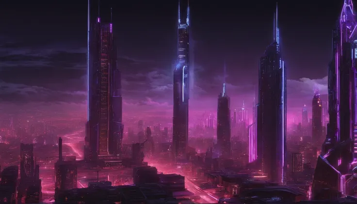 Neon-lit world of Cyberpunk Skies with Wirestocks electrifying daily creative AI challenge. A metropolis of towering skyscrapers, illuminated by a cacophony of neon lights against the backdrop of a cybernetic horizon. Futurista Urbano