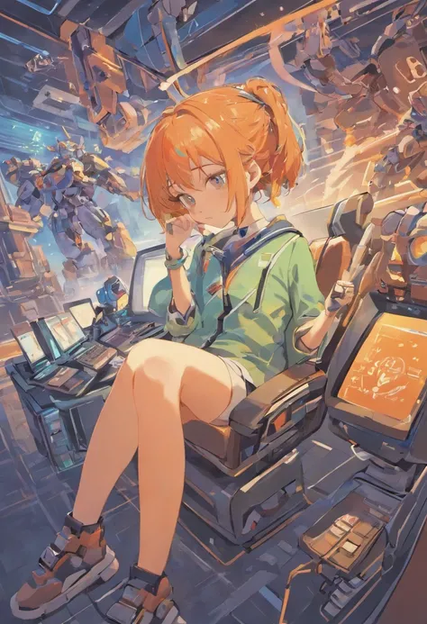 An isometric illustration of a student sitting relaxed in a futuristic school with robot teachers, emotive figurative work, rounded, uniformly staged, pastel orange color, white background