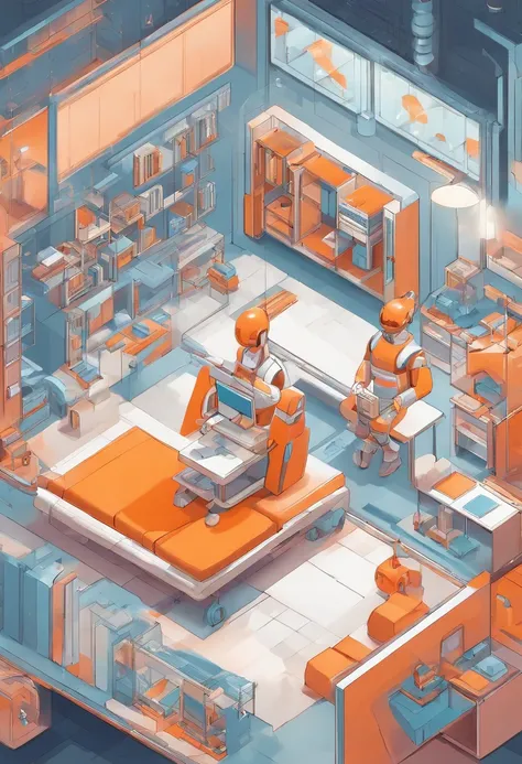 An isometric illustration of a student sitting relaxed in a futuristic school with robot teachers, emotive figurative work, rounded, uniformly staged, pastel orange color, white background