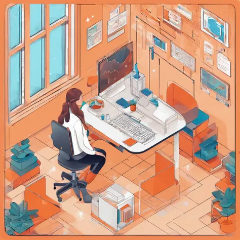 An isometric illustration of a student sitting relaxed in a futuristic school with robot teachers, emotive figurative work, rounded, uniformly staged, pastel orange color, white background