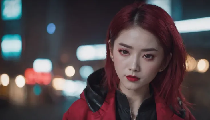 japanaese girl,pale skin,beatiful face,rose hair,Red Jacket,Tokyo at night, with Cyberpunk style,Japanese streetwear,Tokyo Fashion,Wearing a Cyberpunk 2 jacket 0 7 7