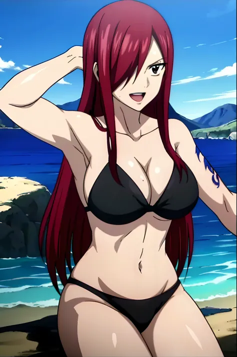 Scarlet erza, black bikini, adult woman, big breasts, sitting, cowboy shot, best quality, (clean body), fair skin, (tattoo on left shoulder only), beach, stomach, upper body only, navel, smile, open mouth, biceps lines, armpit