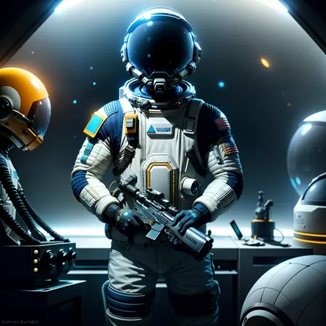 wearing spacesuit，Alafeld astronaut wearing a helmet and a gun, interstellar space suit, octane render sci - fi, dusty space suit, highly detailed vfx portrait of, beeple. rendering by octane, portrait of an ai astronaut, Sci-fi spacesuit, 3 d render beepl...