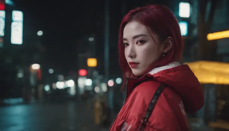 japanaese girl,pale skin,beatiful face,rose hair,Red Jacket,Tokyo at night, with Cyberpunk style,Japanese streetwear,Tokyo Fashion,Wearing a Cyberpunk 2 jacket 0 7 7