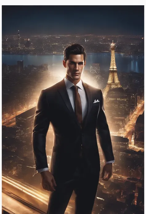 (absurdres, highres, ultra detailed, realistic, ), 1 male, solo, adult, mature, tall muscular guy, broad shoulders, handsome, very short hair, black hair, brown eyes, angular jaw, thick neck, thick eyebrows, night, dark, the night view of the city backgrou...