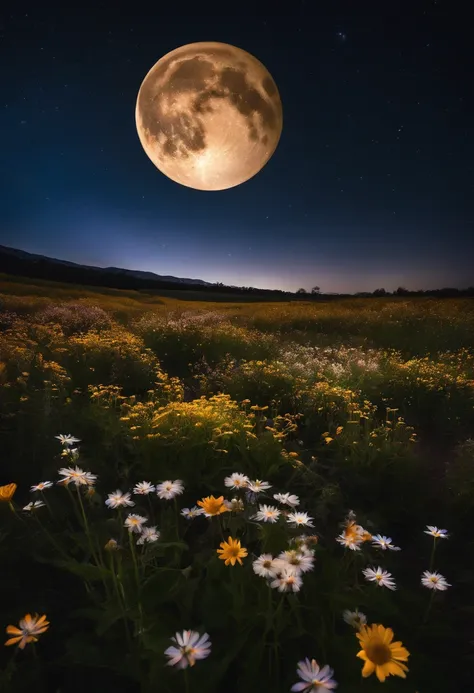 Night shot, surreal, Field of flowers, Stars, higher, close - up, High Resolution, hyper realisitc, long exposure, best Leica camera, best Leica lens, Ultra HD, 12), photo, Poster, portrait photography, conceptual art, Wildlife photography