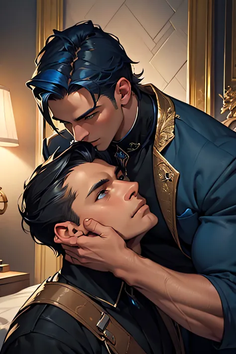 ((masterpiece)),((bestquality)),8k,high detailed,ultra-detailed, Neutral Expression, Stylish Pose, real skin texture, cinematic lighting,
Gay couple in the style of royal blue