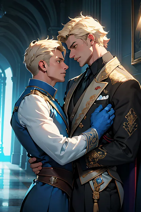 ((masterpiece)),((bestquality)),8k,high detailed,ultra-detailed, Neutral Expression, Stylish Pose, real skin texture, cinematic lighting,
Gay couple in the style of royal blue