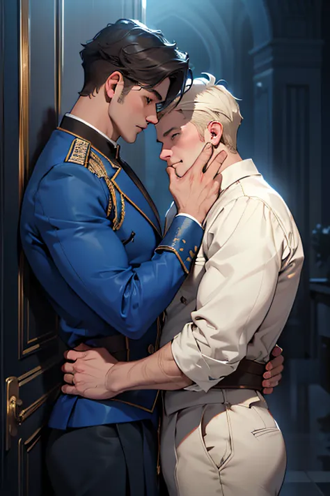 ((masterpiece)),((bestquality)),8k,high detailed,ultra-detailed, Neutral Expression, Stylish Pose, real skin texture, cinematic lighting,
Gay couple in the style of royal blue