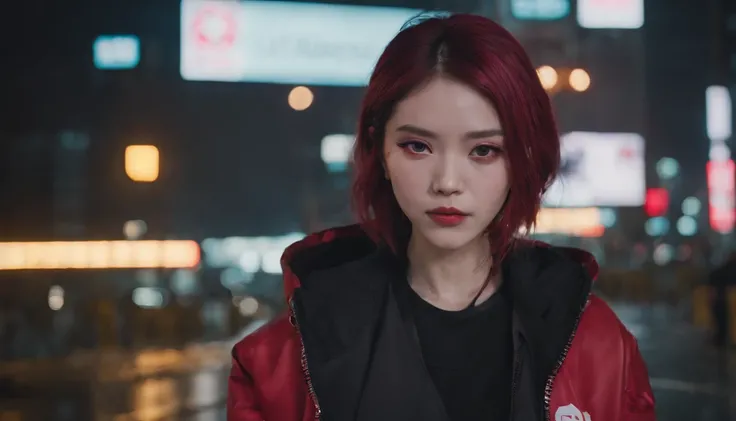 japanaese girl,pale skin,beatiful face,rose hair,Red Jacket,Tokyo at night, with Cyberpunk style,Japanese streetwear,Tokyo Fashion,Wearing a Cyberpunk 2 jacket 0 7 7