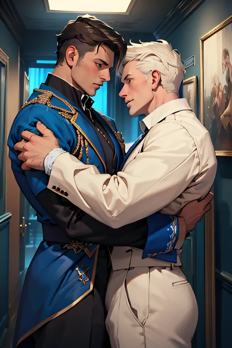 ((masterpiece)),((bestquality)),8k,high detailed,ultra-detailed, Neutral Expression, Stylish Pose, real skin texture, cinematic lighting,
Gay couple in the style of royal blue