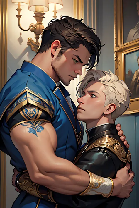 ((masterpiece)),((bestquality)),8k,high detailed,ultra-detailed, Neutral Expression, Stylish Pose, real skin texture, cinematic lighting,
Gay couple in the style of royal blue