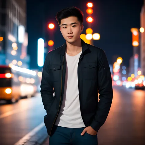 raw photo, a portrait photo of 25 y.o man in casual clothes, night, city street, (high detailed skin:1.2), 8k uhd, dslr, soft li...