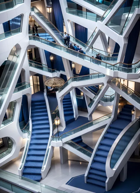 Intricately detailed glass stairs, stunning office scenery, blue ambiance, high-resolution (4k, 8k, highres, masterpiece:1.2), ultra-detailed, photorealistic:1.37, HDR, studio lighting, professional, vivid colors, bokeh, in the style of concept artists