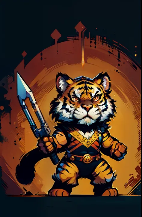 1young tiger, baby face tiger ,chibi, anthropomorphic, golden fur, big red eyes,warrior with one weapon, character 1:1, dynamique pose, simple dark background