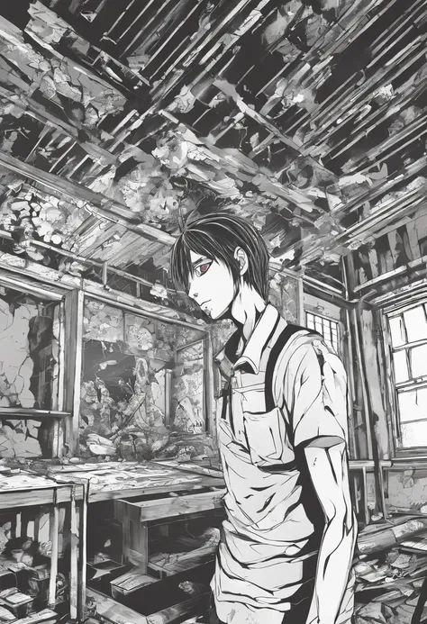 zombie eating a person inside an abandoned room. manga, anime or comic style. full hd, detailed image without errors
black and white