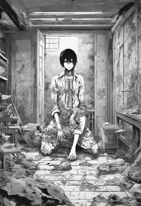 zombie sitting eating a dead person inside a room of an abandoned house. manga, anime or comic style. full hd, detailed image without errors, black and white