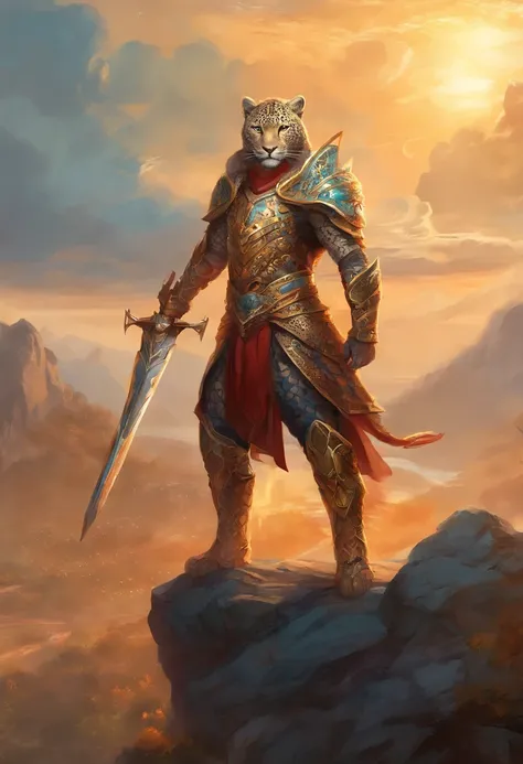 A fierce leopard humanoid warrior, adorned in intricate armor and wielding a powerful sword, stands atop a rocky outcropping, surveying the landscape.